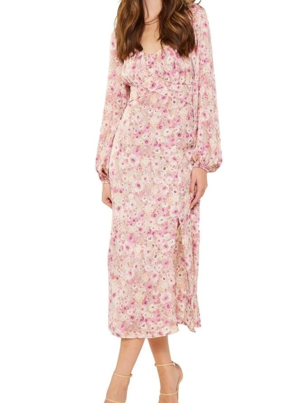 Lush Pink Floral Long Sleeve Midi Dress